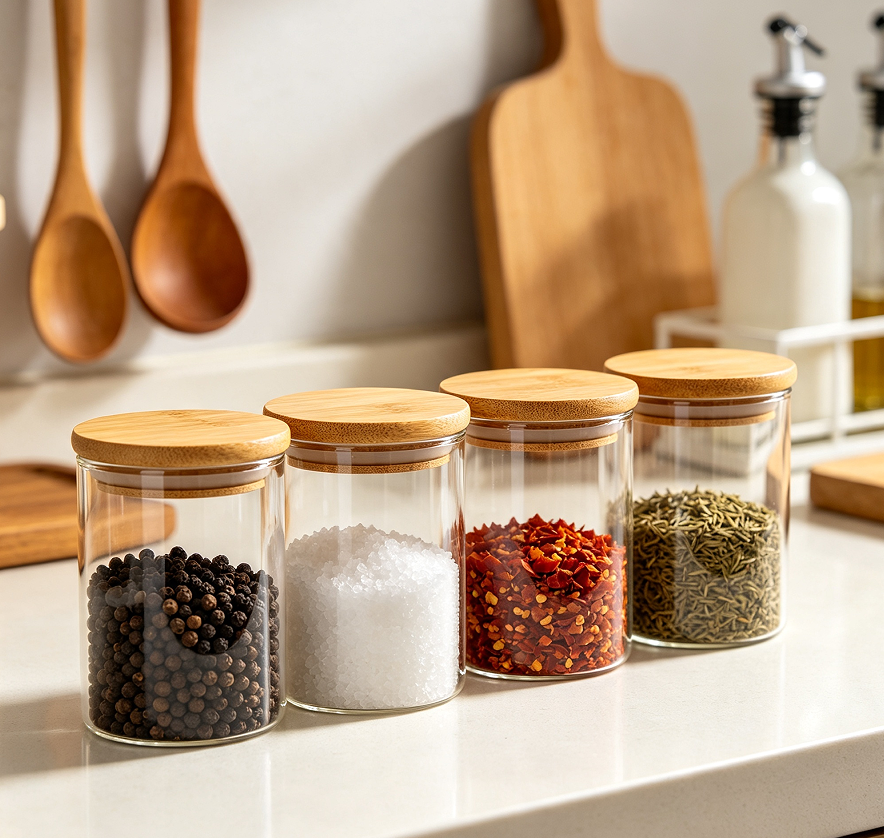 Clear Glass Spice Jars With Bamboo Lids