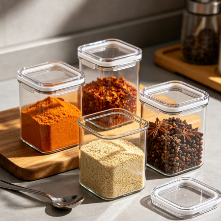Square Glass Seasoning Jars For Kitchen Storage