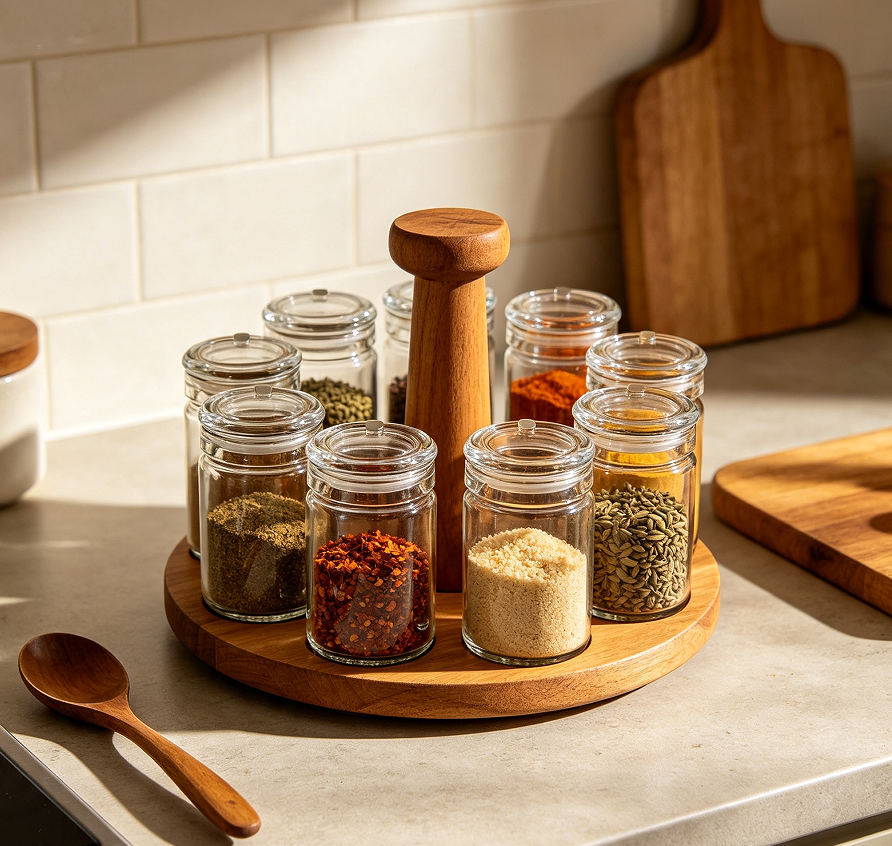 Rotating Spice Storage Jars With Wooden Stand